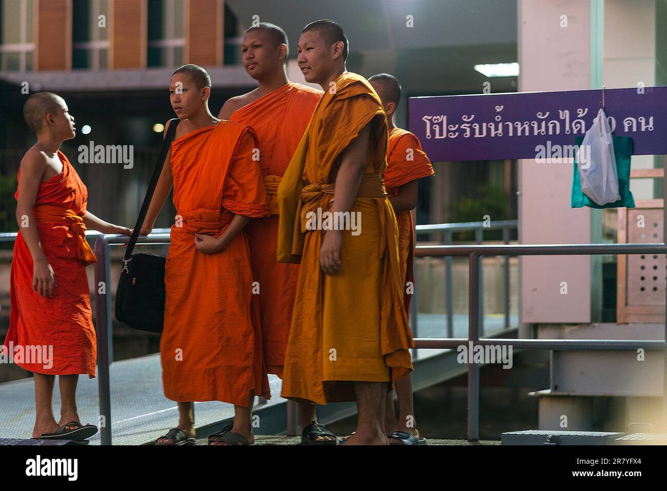 Buddhistische Mönche in verschiedenen Altersstufen warten auf das Expressboot auf einem Ponton auf dem Fluss Chao Phraya in Bangkok Stockfoto