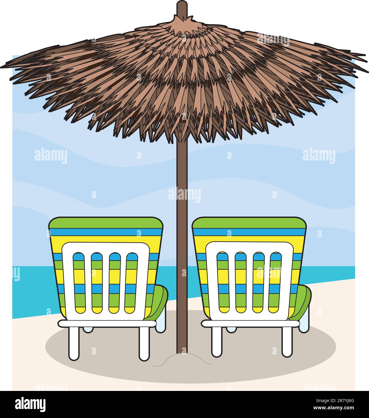 Ein Paar Liegestühle am Strand blickten auf das Wasser. Ein Sonnenschirm bietet Schatten. Stock Vektor