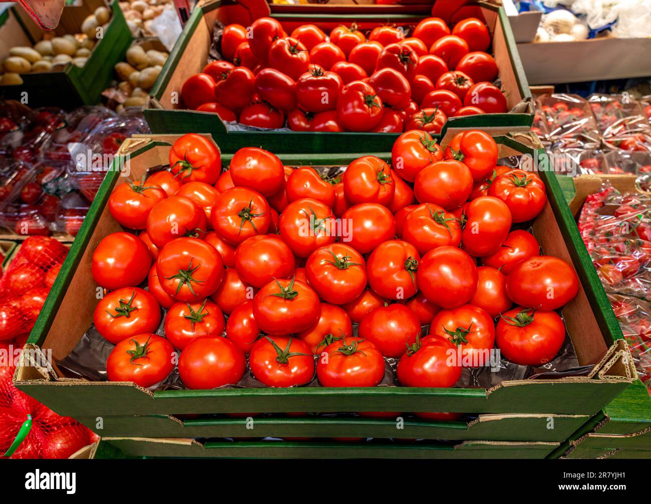 Reife rote Tomaten in grünen Kartons auf dem Stand eines Gemüsehändlers, Lebensmittelunternehmens oder Markts Stockfoto