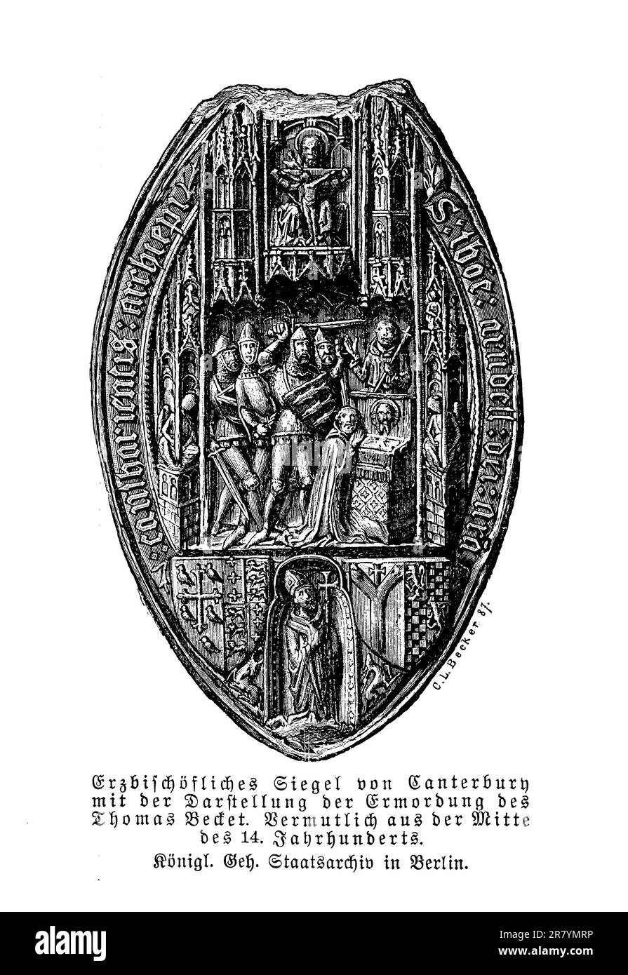 Siegel des Erzbischofs von Canterbury aus dem 14. Jahrhundert, das den Mord an Becket im Jahr 1170 darstellt Stockfoto
