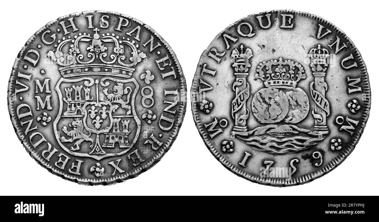 Foto-Münzen Spanien, 8 Reals, 1759, Stockfoto