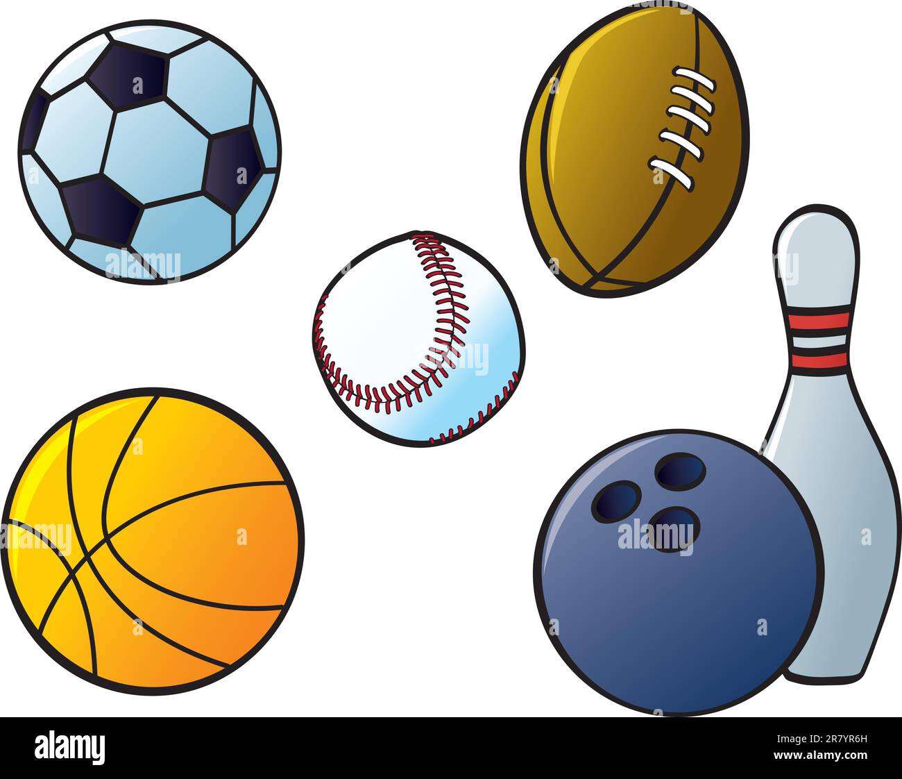 Fünf verschiedene Sportbälle von Sportarten, die in Nordamerika und Europa üblich sind. Stock Vektor