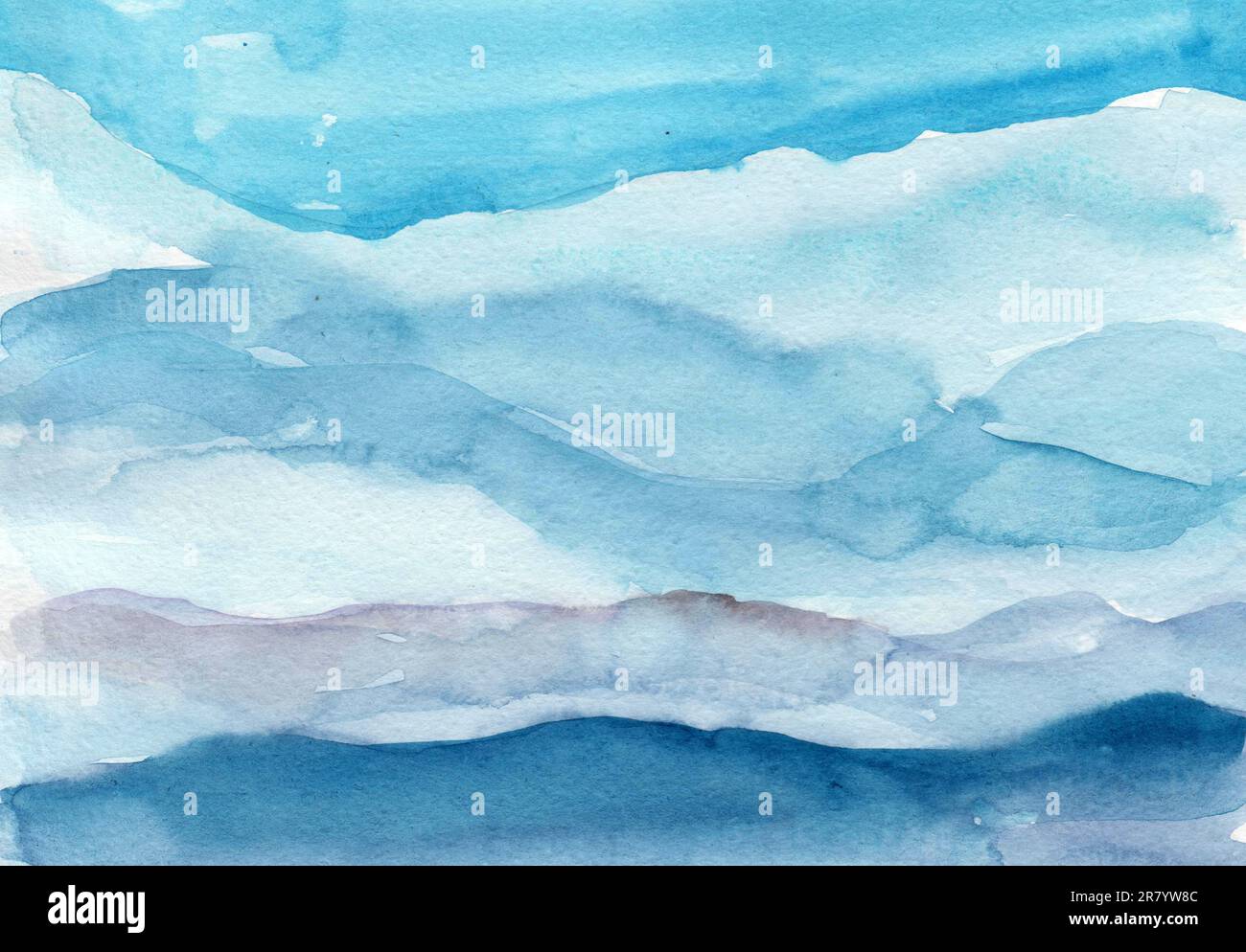 Handbemalter Himmel und Hügel in Aquarellfarben, abstrakter Hintergrund in Aquarellfarben. Aquarelldarstellung. Papierstruktur Stockfoto