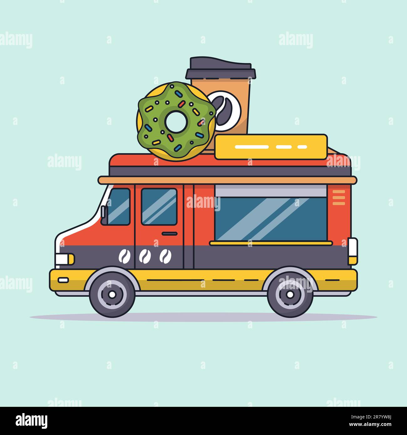 Vektorgrafik: Roter Food-Truck-Bus, der Kaffee und Donuts im Auto verkauft Stock Vektor