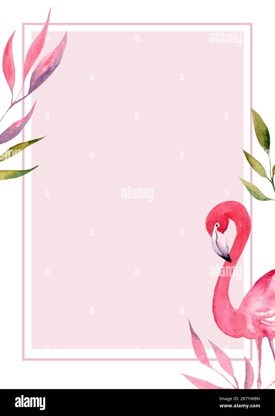 Tropische Sommerpalmenblätter mit exotischen Flamingo- und Hibiskusblüten. Aquarellvorlagen. Design-Element für Karten, Poster, Banner und andere Geldbeutel Stockfoto