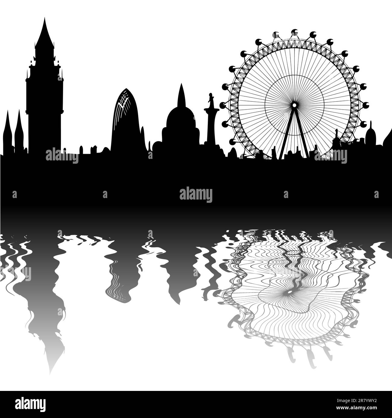 Bild des Panoramas von London - Big Ben, Big Wheel - Spiegelung. Diese Datei ist ein Vektor und kann ohne Qualitätsverlust auf jede Größe skaliert werden. Stock Vektor