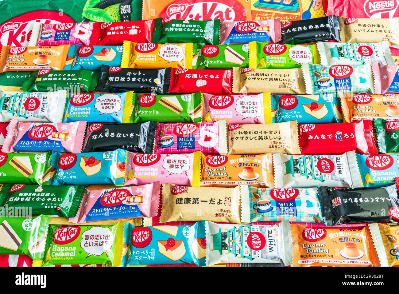 Auswahl an verschiedenen Geschmacksrichtungen japanischer Kätzchen in Reihen. Käsekuchen, rote Bohnen, Milchtee, Weizen, Kamarelpudding und andere Geschmacksrichtungen. Stockfoto