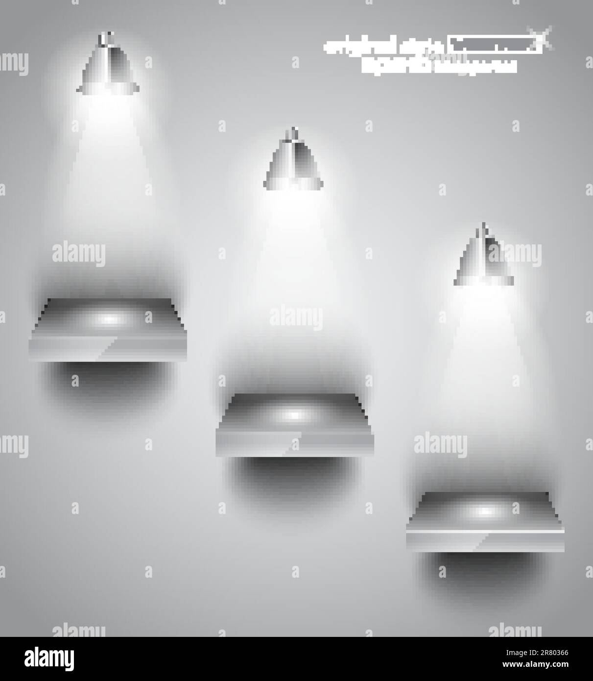 Regal mit LED-Spots mit feinem Aussehen auf einer grauen Tapete. Schatten sind transparent. Stock Vektor