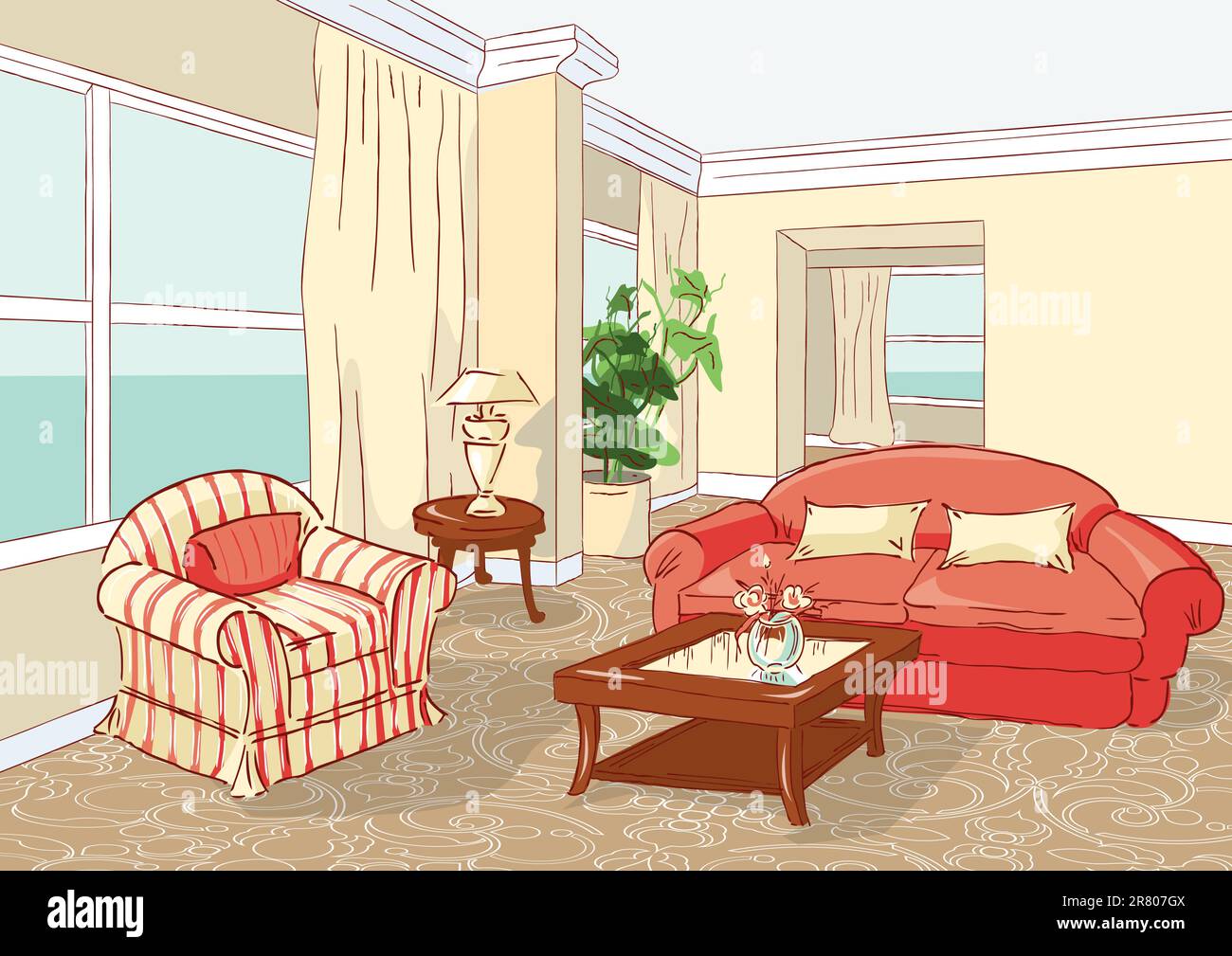 Innenraum eines Raumes. Alle Objekte werden separat mit einer Kontur gruppiert. Stock Vektor