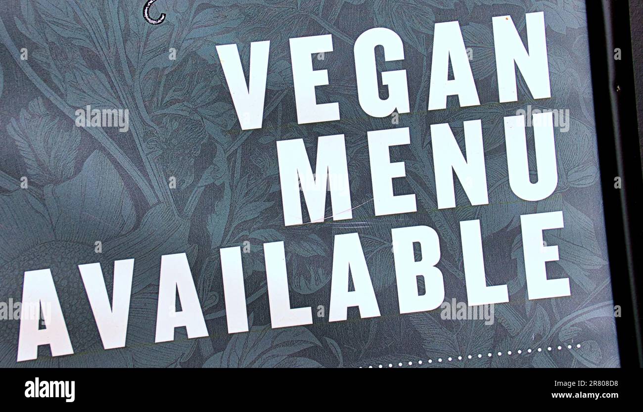 Veganes Menü verfügbar, Restaurantschild Stockfoto