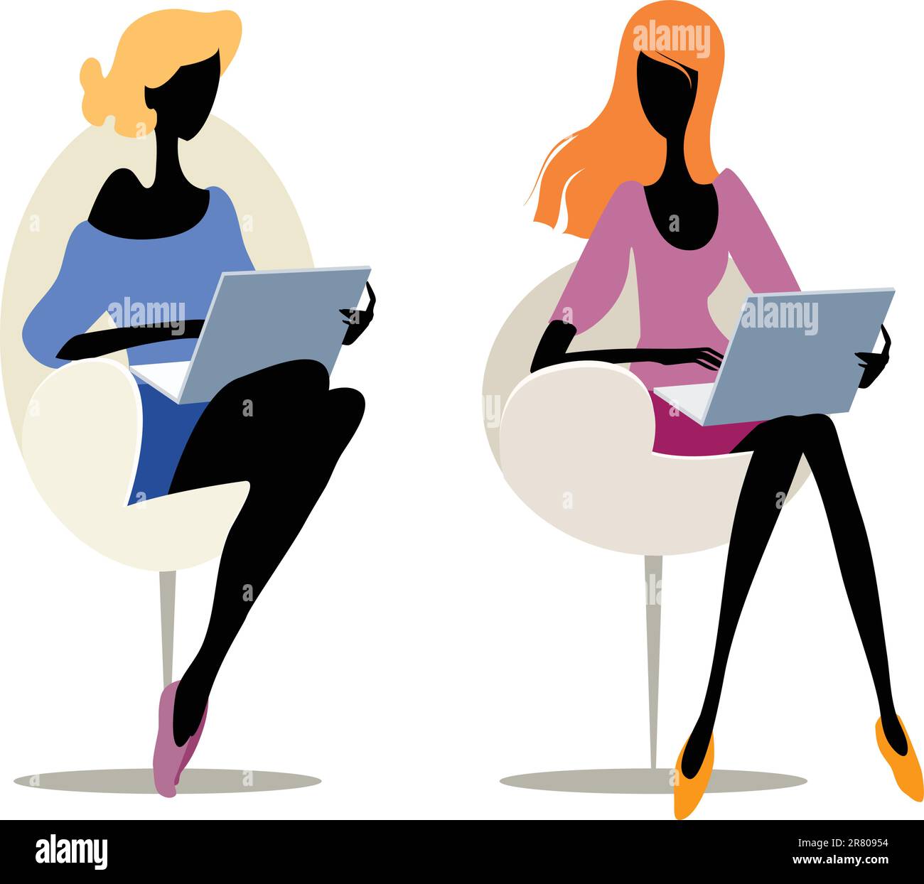 Kombiniere die Silhouetten eines Mädchens mit Laptops Stock Vektor