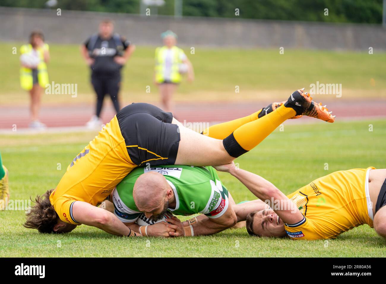 Leeds, Großbritannien. 18. Juni 2023 Betfred Rugby League - League One: Hunslet RLFC gegen Cornwall RLFC. Adam Ryder stürzt für einen Versuch rüber, Hunslet RLFC. Kredit Paul Whitehurst/Alamy Live News Stockfoto