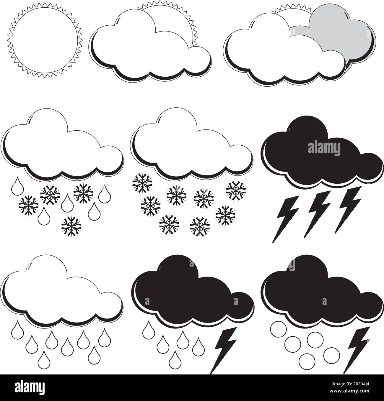 Grafische Symbole für unterschiedliche Wetterbedingungen. Vektordarstellung. Stock Vektor