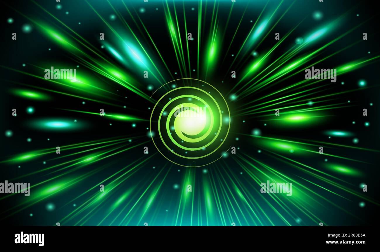 Violett-schwarzer Hintergrund mit leuchtenden Linien der Explosionskraft im Weltall. Vektorbild der Weltraum-Superenergie im Manga- und Anime-Stil. Stock Vektor