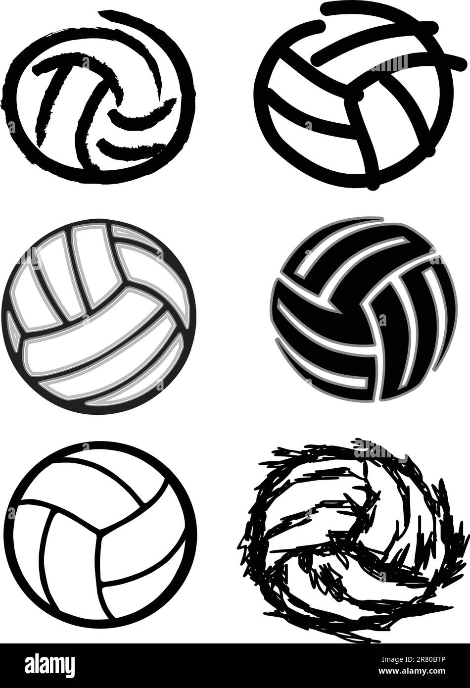 Vektorgruppe von sechs Volleyball-Illustrationen Stock Vektor