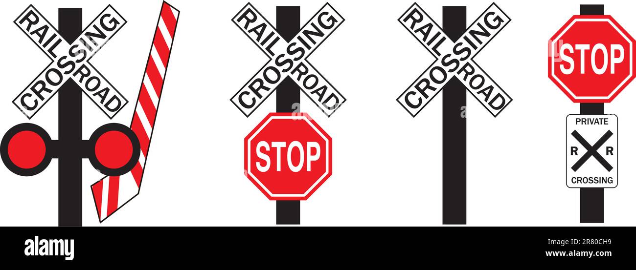 Schilder für den Bahnübergang in den USA in 4 Arten: Signal, Stoppschild, kein Stoppschild und private Kreuzung Stock Vektor