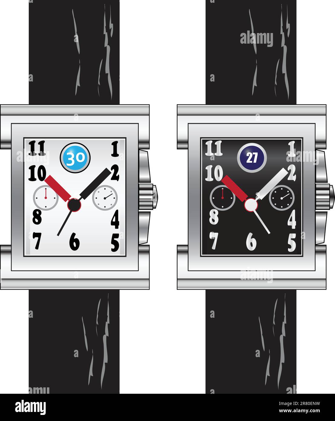 Moderne Armbanduhr am Handgelenk mit rechteckigem Ziffernblatt auf schwarzem Lederarmband. Vektordarstellung. Stock Vektor