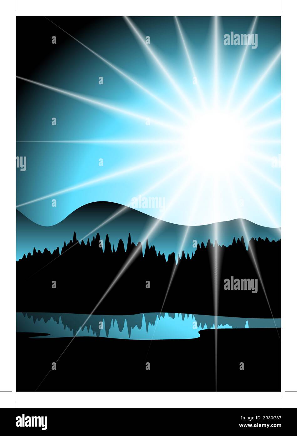 Einfach stilisierte Zeichenlandschaft mit Sonne, Wald und See Stock Vektor