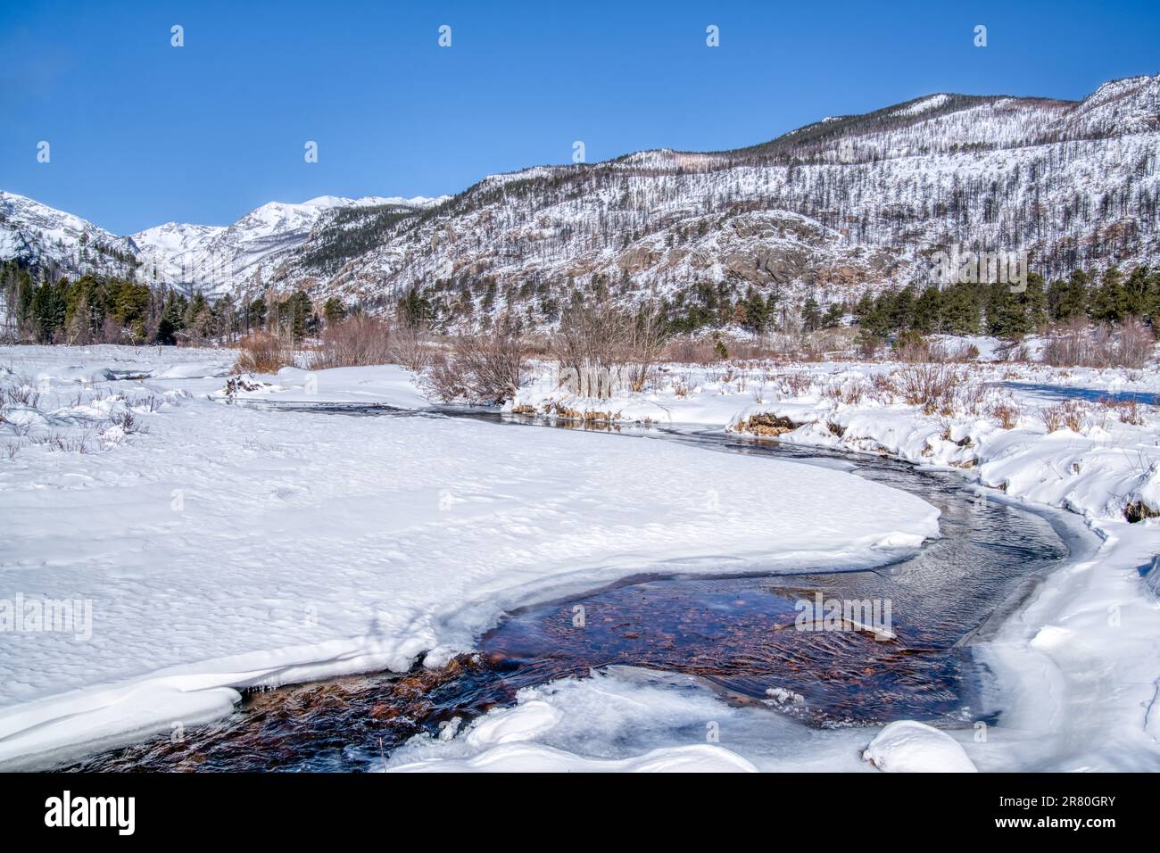 Winterschnee am Big Thompson River im Moraine Park im Rocky Mountain National Park, Colorado Stockfoto