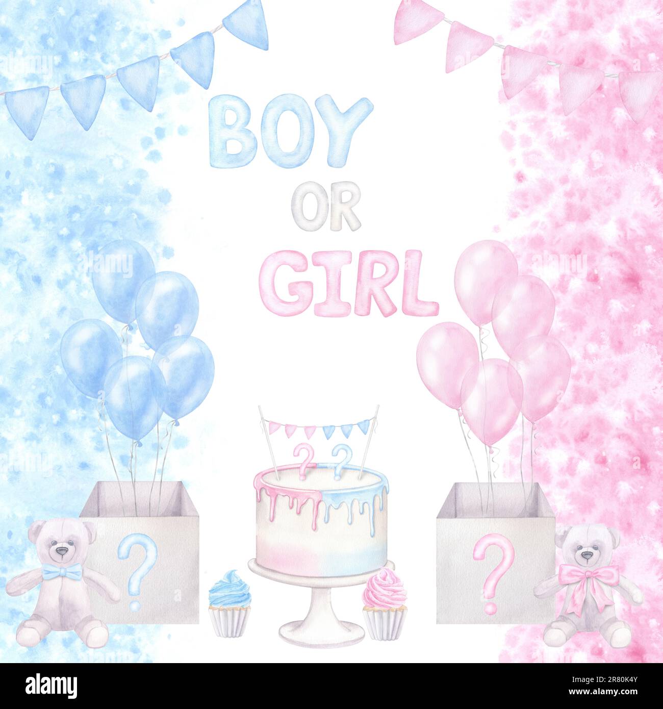 Die pinkfarbene blaue Karte zeigt das Geschlecht der Party-Einladung. Junge oder Mädchen, er oder sie. Ballons, Kuchen, Cupcake, Konfetti. Handgezeichnete Aquarelldarstellung isola Stockfoto