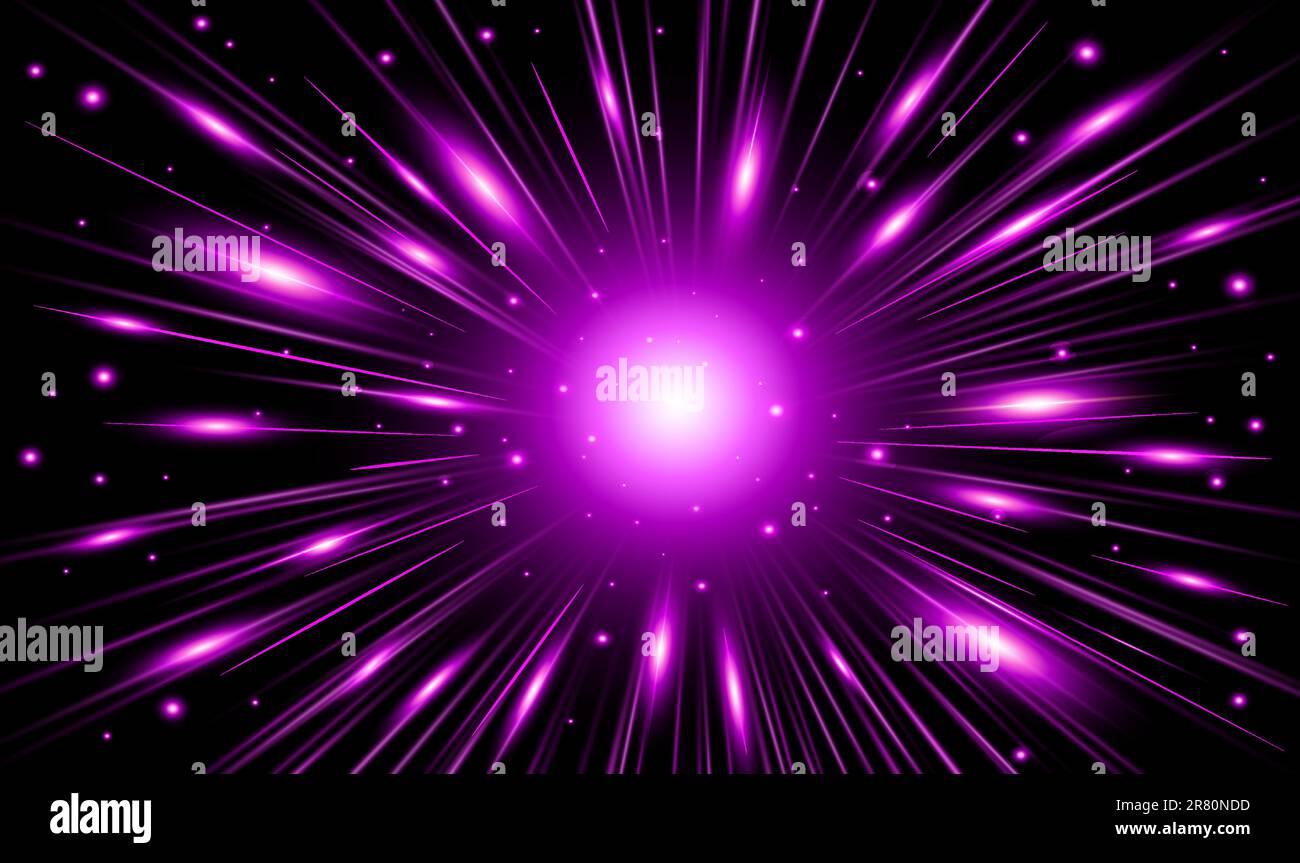 Violette leuchtende Linien und Partikel starker Energie, Magie im schwarzen Raum. Vektorbild einer Quelle gelber Superenergiestrahlung im M-Stil Stock Vektor