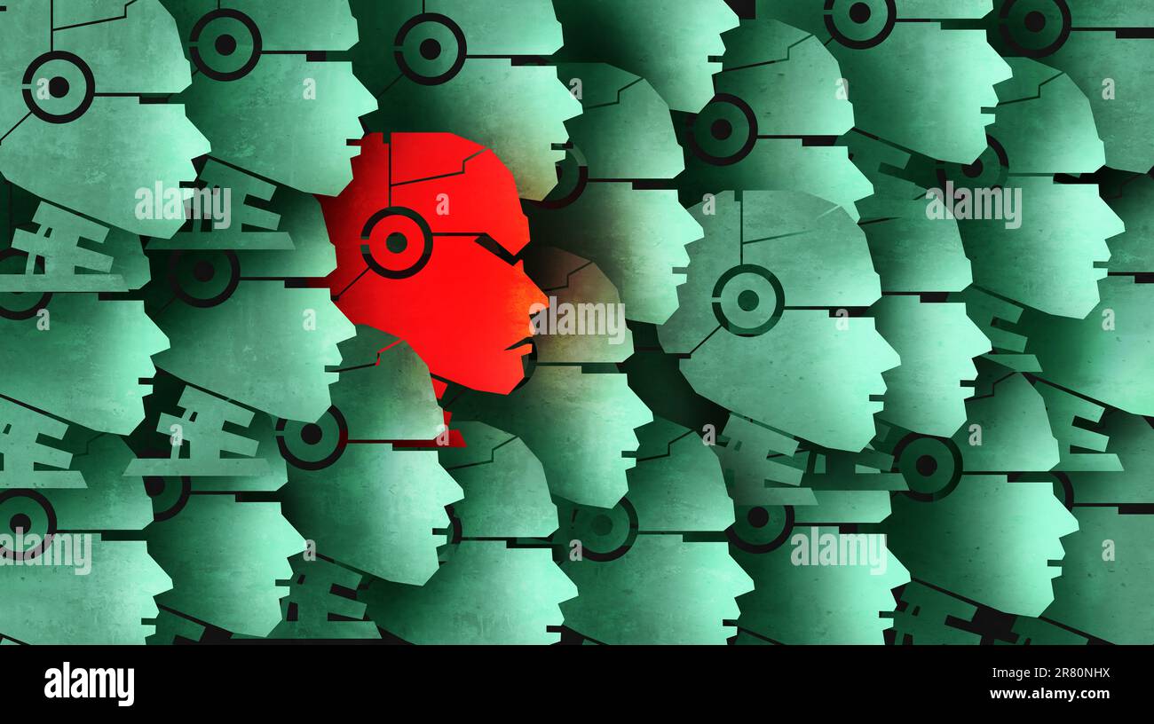 KI-Wachstumsrisiko als gute Bots und ein schlechter bot und Chatbot als soziale Schwachstelle für Roboter, die nicht mehr in Betrieb sind, und die Gefahr von Robotern oder künstlichen Stockfoto