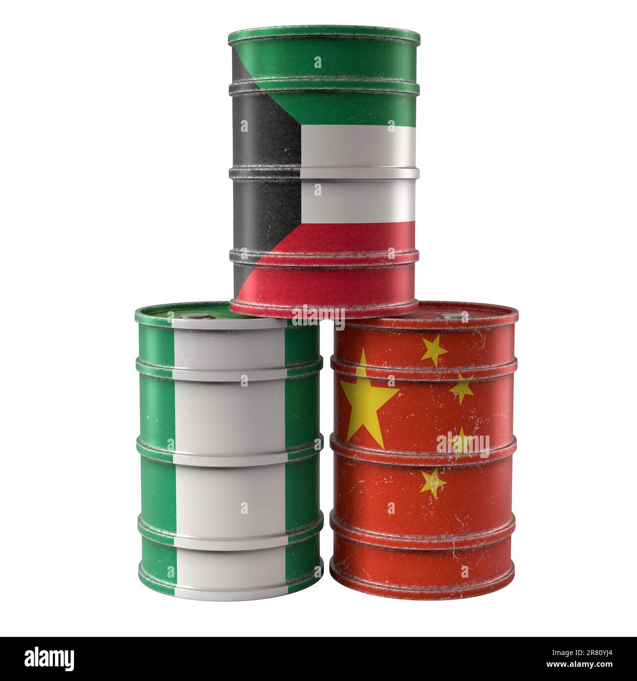 Alte Ölfässer mit Kuwait, Nigeria und China Nationalflaggen. 3D-Rendering Stockfoto