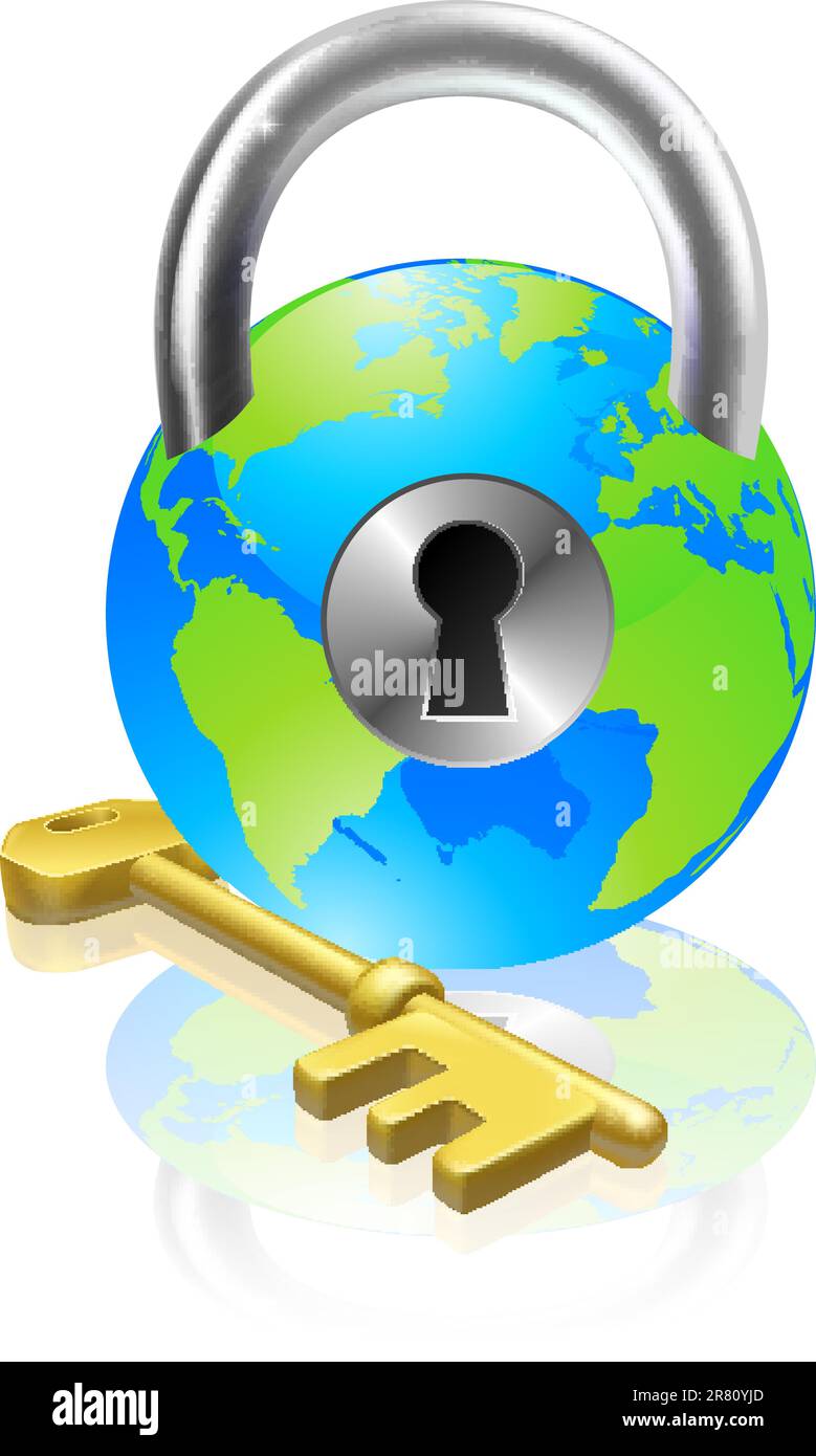 Globus wie ein Vorhängeschloss mit Schlüssel. Konzept könnte für Internet-Sicherheit, Datenschutz oder allgemeine Sicherheit sein. Stock Vektor