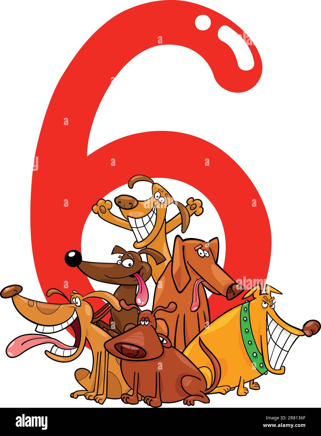 Cartoon-Illustration mit Nummer sechs und Gruppe von Hunden Stock Vektor