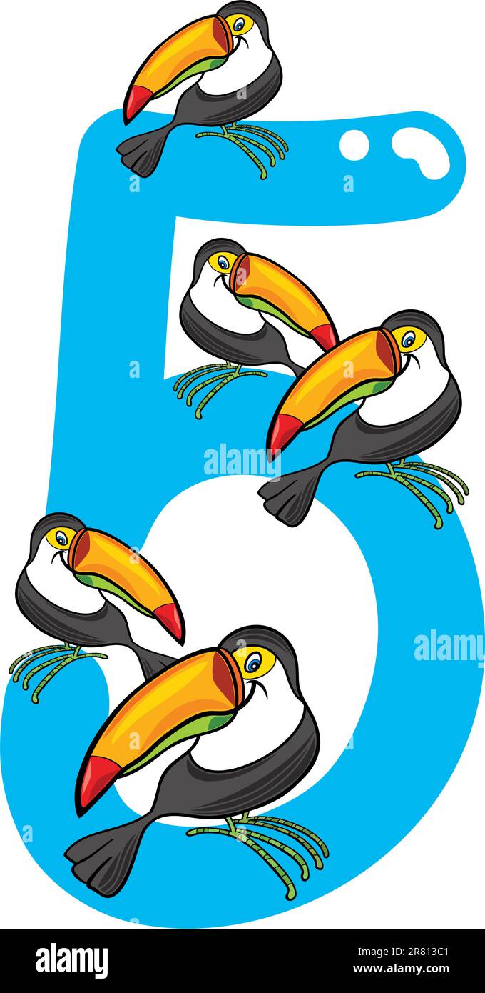 Cartoon-Illustration mit Nummer fünf und Tukane Stock Vektor