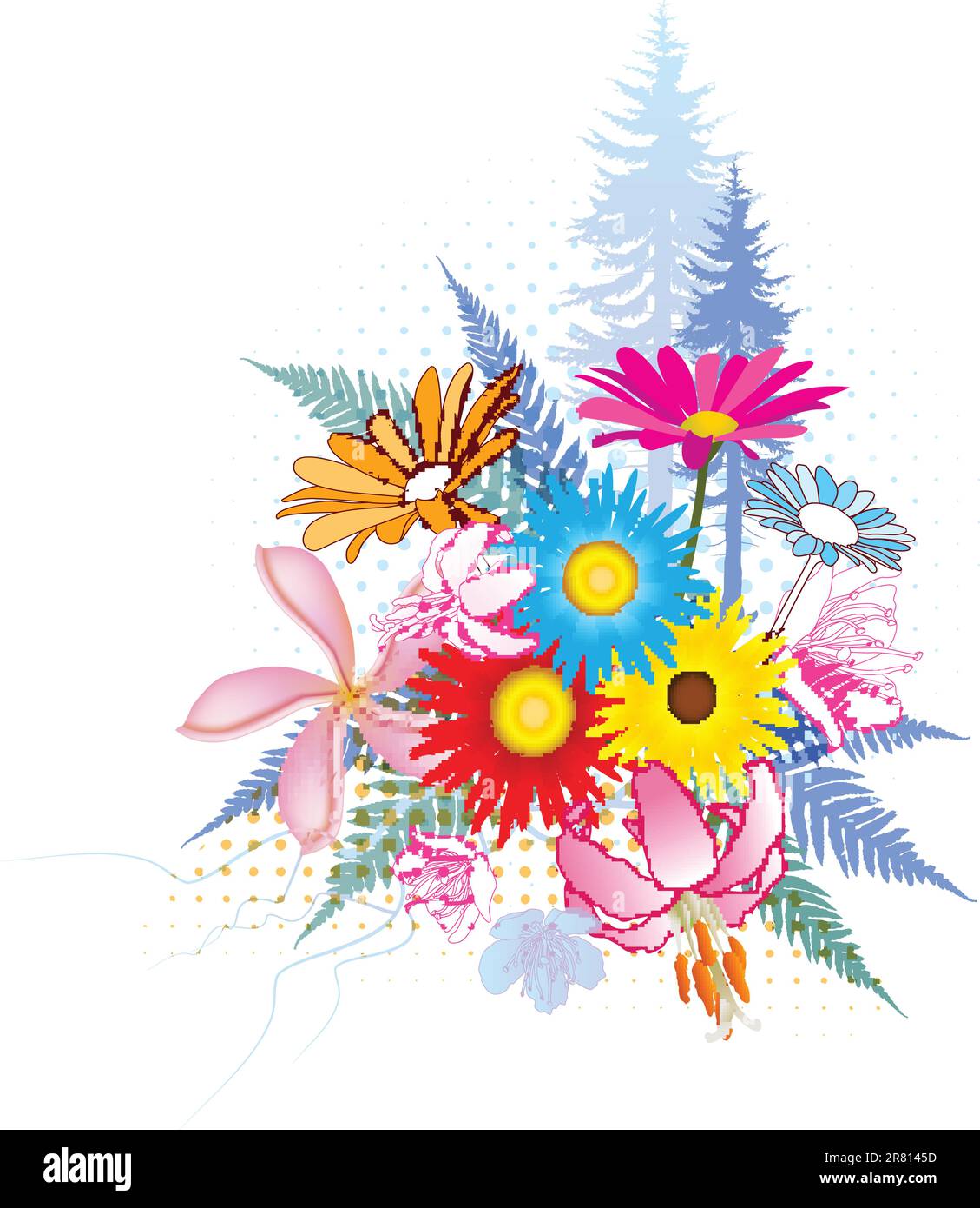 Natürliche Collage-Illustrationen mit vielen bunten Blumen, Farnen und Bäumen Stock Vektor