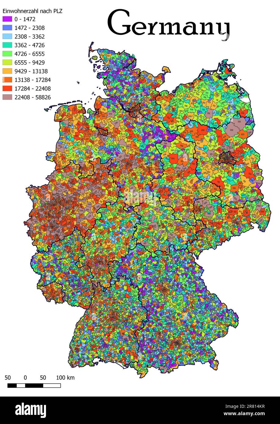 Deutschland Kartenpopulation nach Postleitzahlenzuordnung Stockfoto