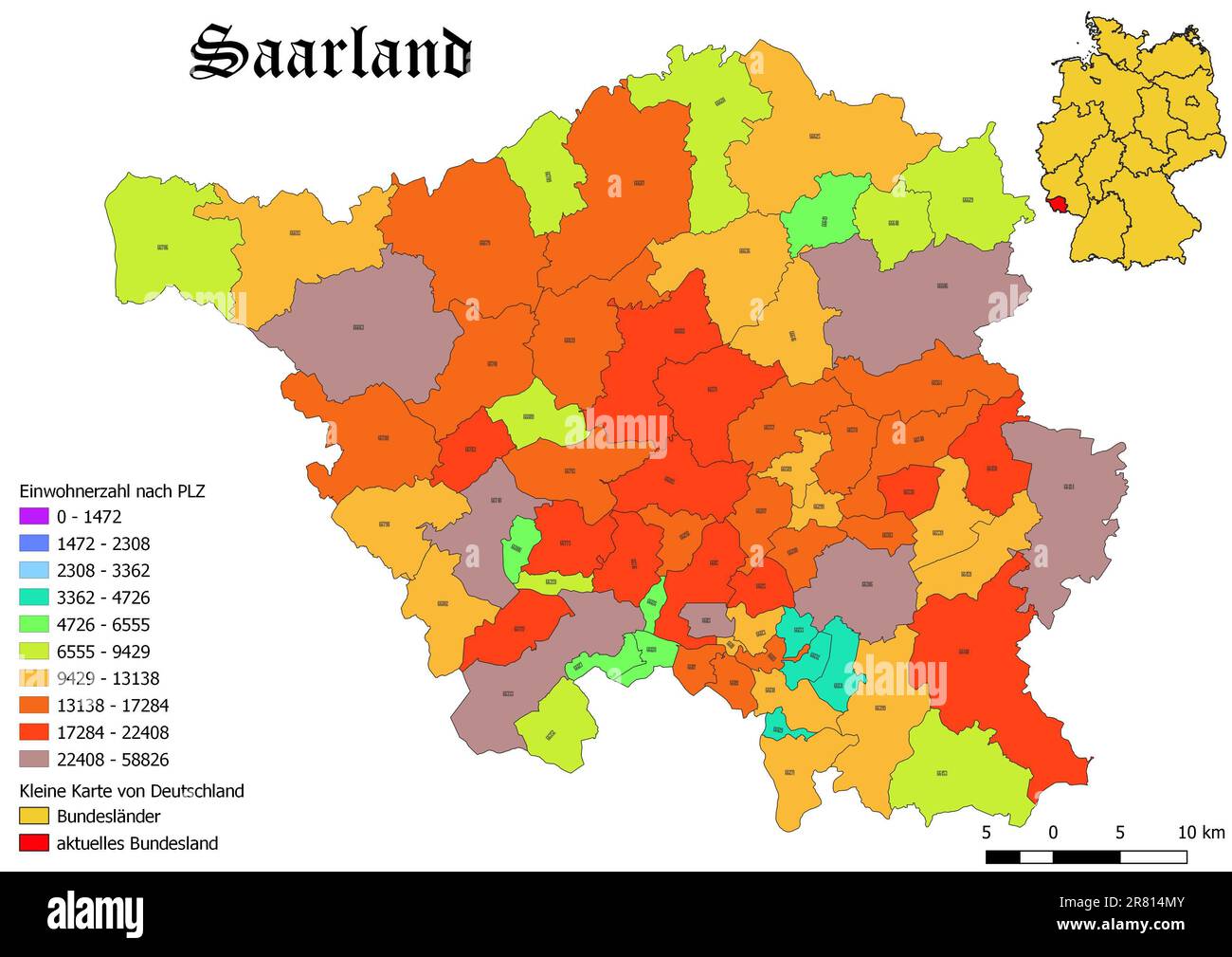 Bundesland Saarland-Bevölkerung nach Postleitzahlenkarte mit Deutschland-Karte Stockfoto