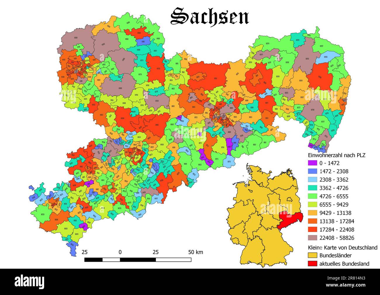 Bundesland Sachsen-Bevölkerung nach Postleitzahlenkarte mit deutscher Karte Stockfoto
