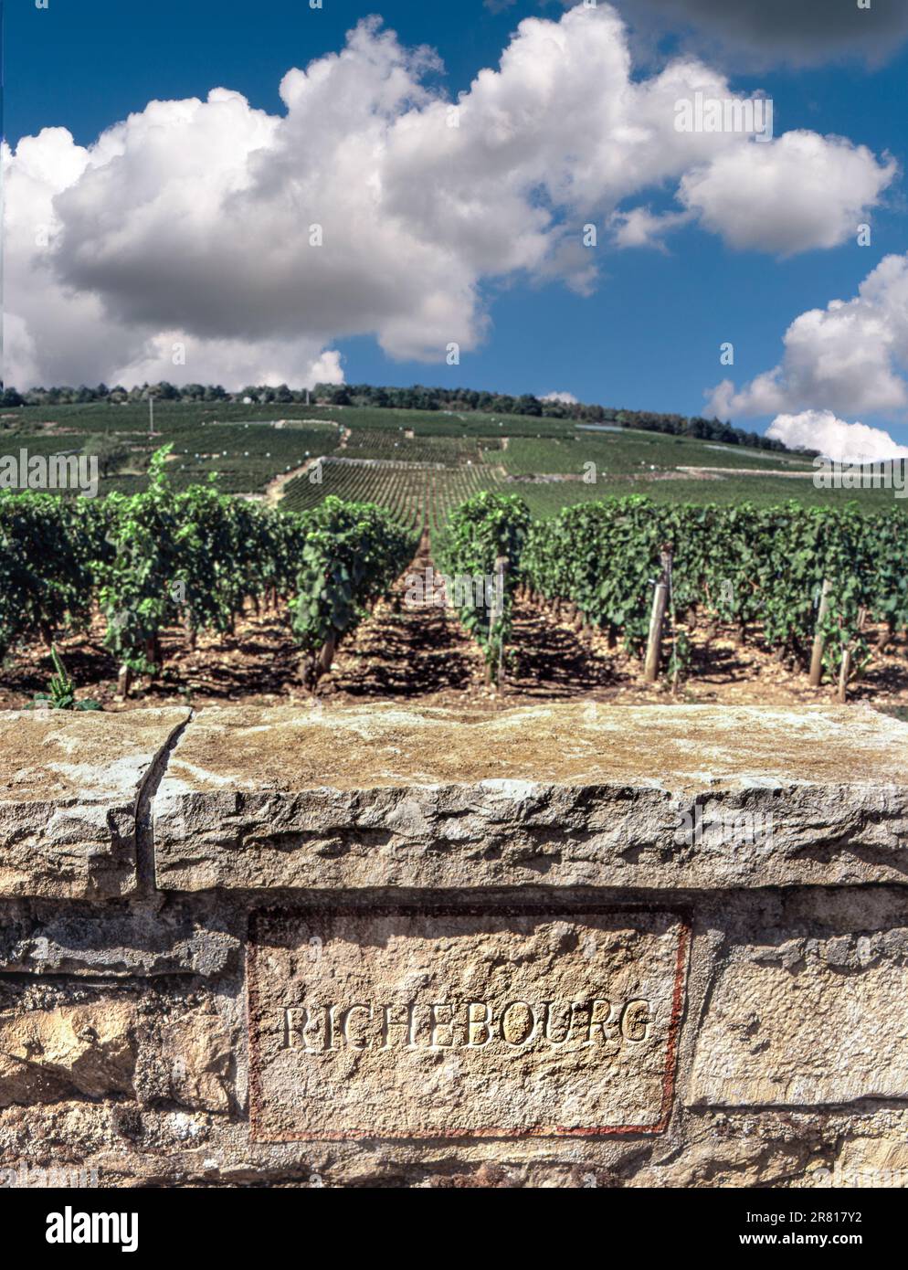 IN RICHEBOURG gravierte Steintafel an der Grenzwand des feinen Weinguts Grand Cru Richebourg der DRK Domaine de la Romanee-Conti Vosne-Romanee, Burgund Stockfoto