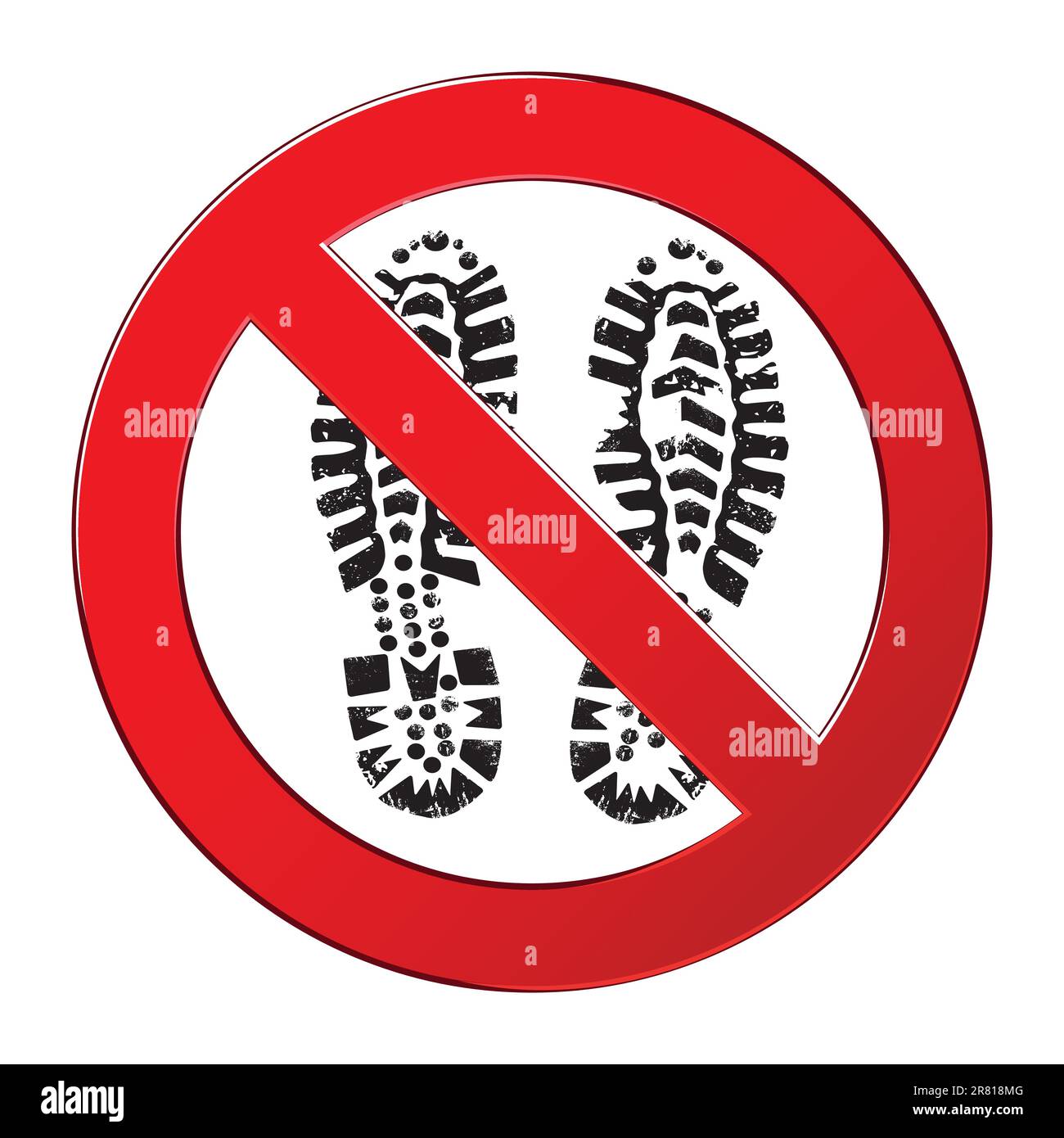 Schild Gleis verboten nicht betreten. Verbotssymbol mit Schuhabdruck. Darstellung des Grunge-Vektors. Stock Vektor