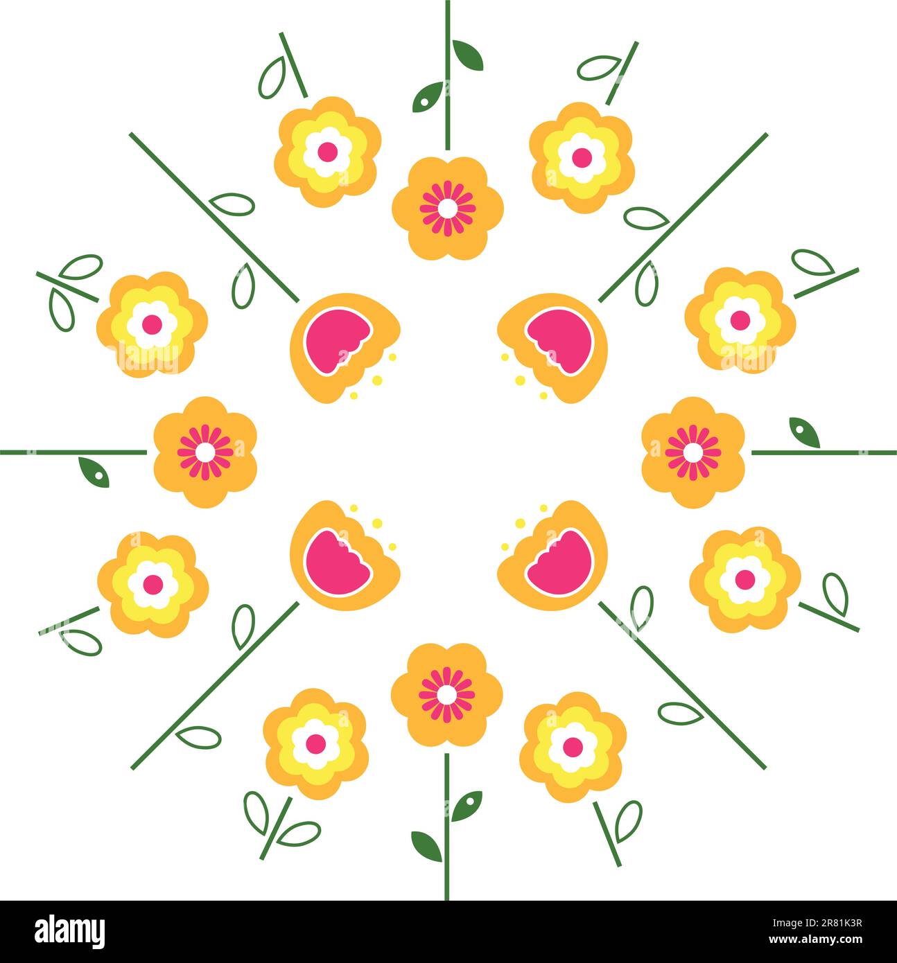 Gelbe und rosafarbene Blüten im Kreis, isoliert auf Weiß. Vektor Stock Vektor