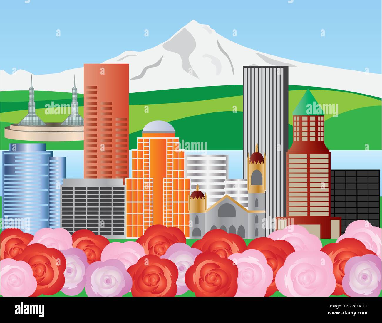 Portland Oregon Skyline mit Mount Hood und Rosen Illustration Stock Vektor