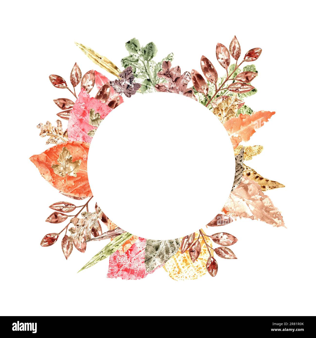 Rahmen aus farbenfrohen Herbstfarben hinterlässt Abdrücke isoliert auf weißem Hintergrund. Aquarelle Darstellung von trockenen Blättern im Herbst mit Platz für Text. Als Begrüßung Stockfoto