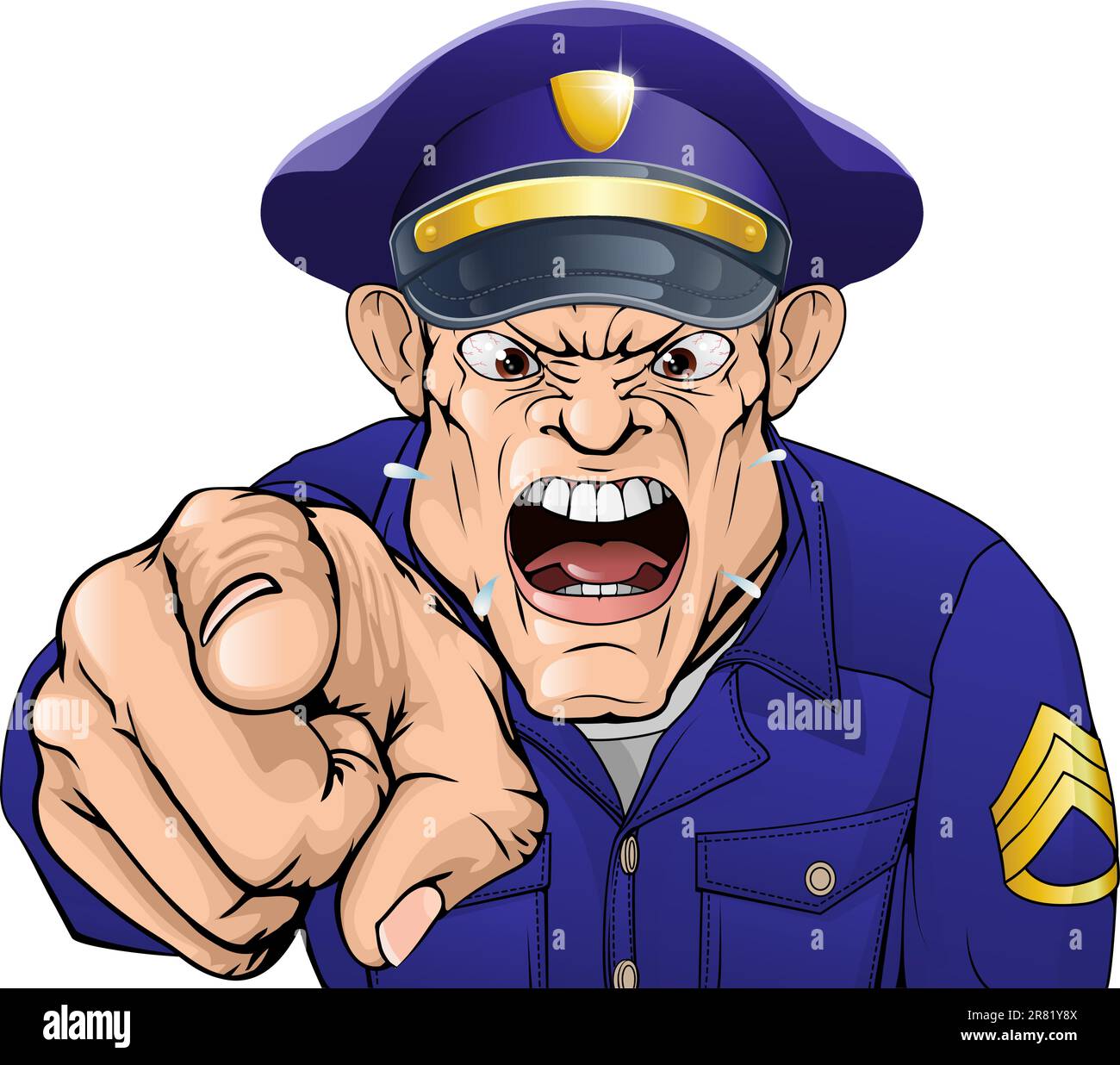 Beispiel für ein Cartoon wütend Polizist Cop oder Wachmann Geschrei auf den Betrachter Stock Vektor