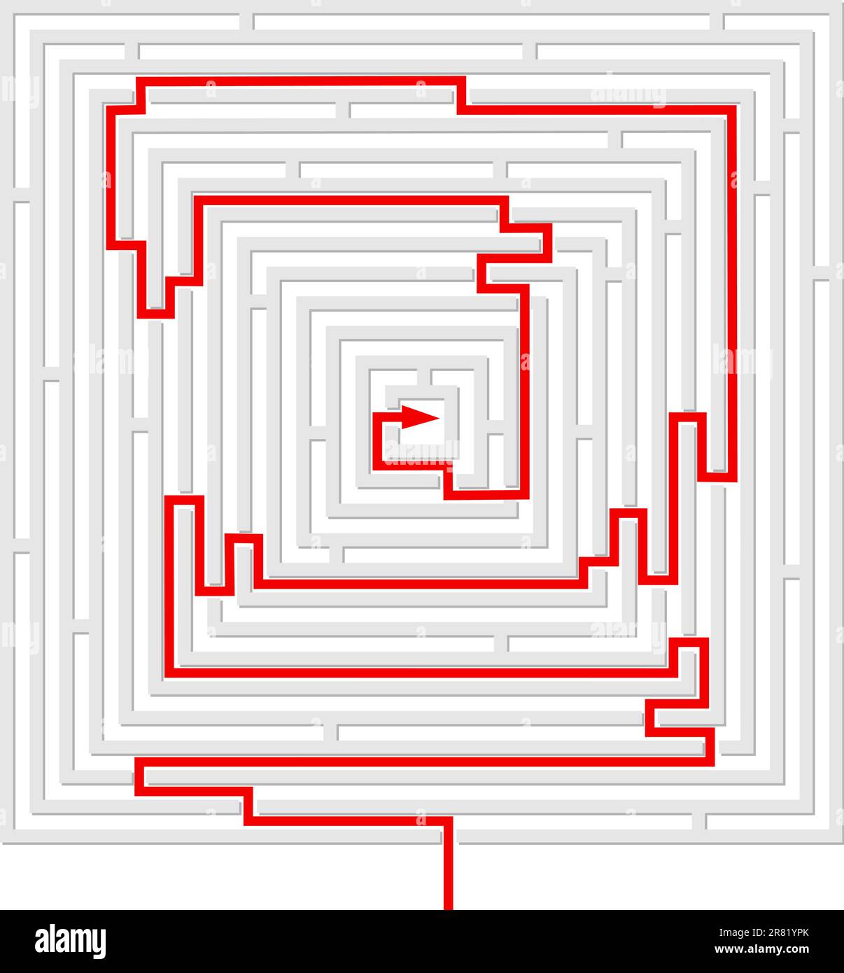 Graues Labyrinth mit roter Lösung. Auch als Vektor im EPS-Format von Adobe Illustrator verfügbar, komprimiert in einer ZIP-Datei. Die Vektorversion wird skaliert auf ... Stock Vektor