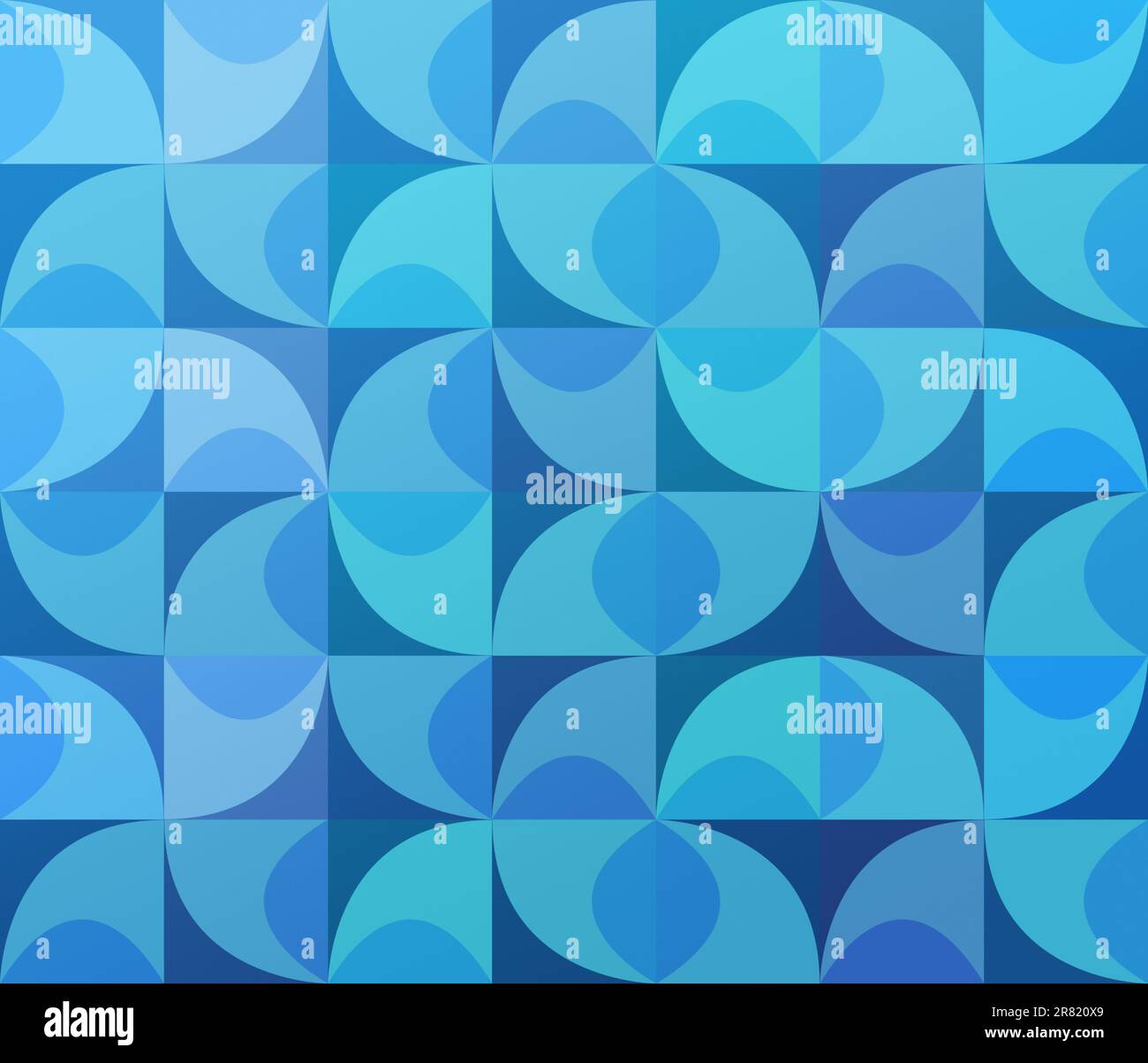 Abstrakter Hintergrund mit blauen, hellblauen und türkisfarbenen geometrischen gebogenen Formen. Lebendiges Bauhaus-Retro-Muster, Kopierraum. Stockfoto