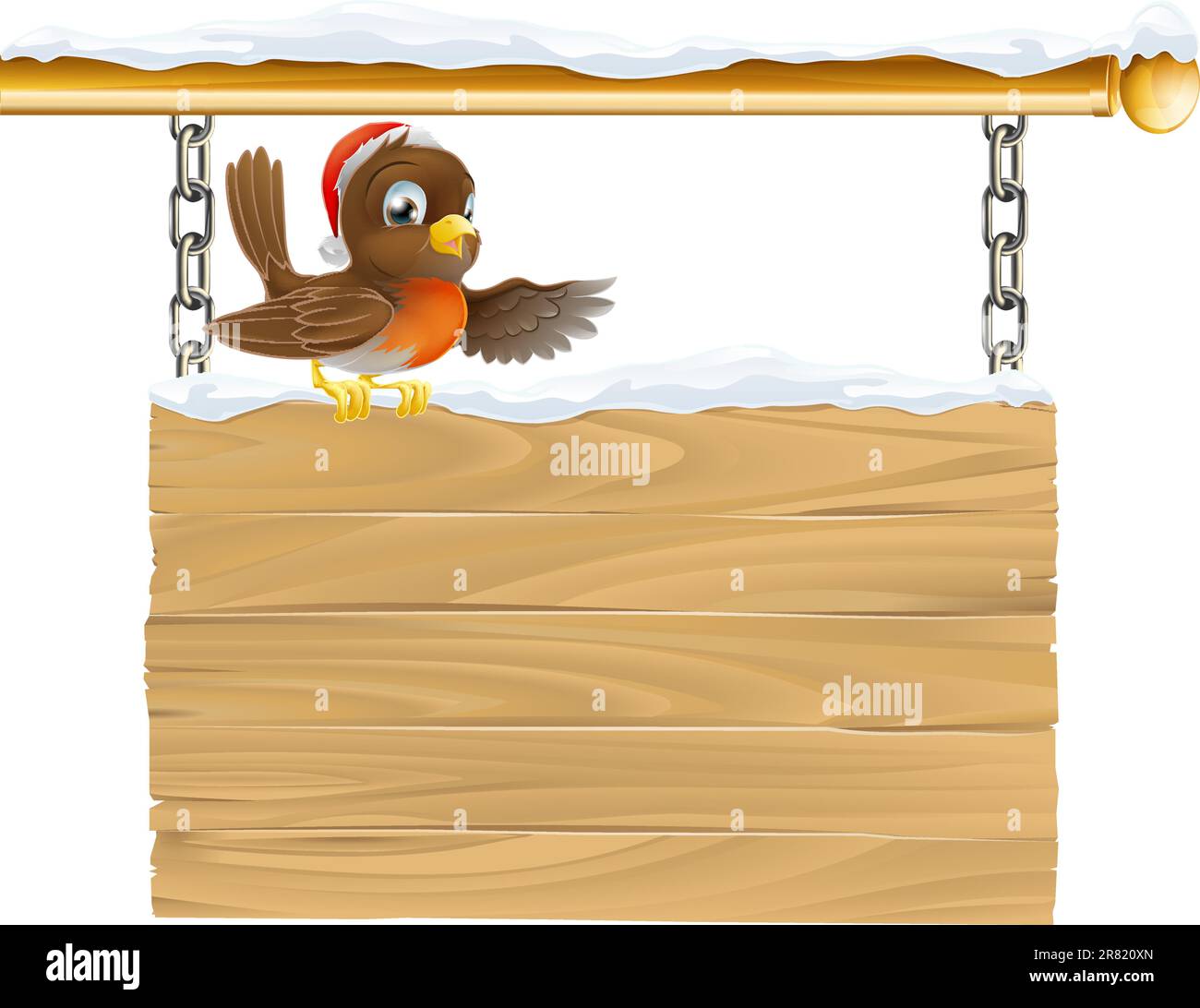 Abbildung eines Vogels mit Weihnachten Santa Hut sitzt auf Holzschild mit Schnee Stock Vektor