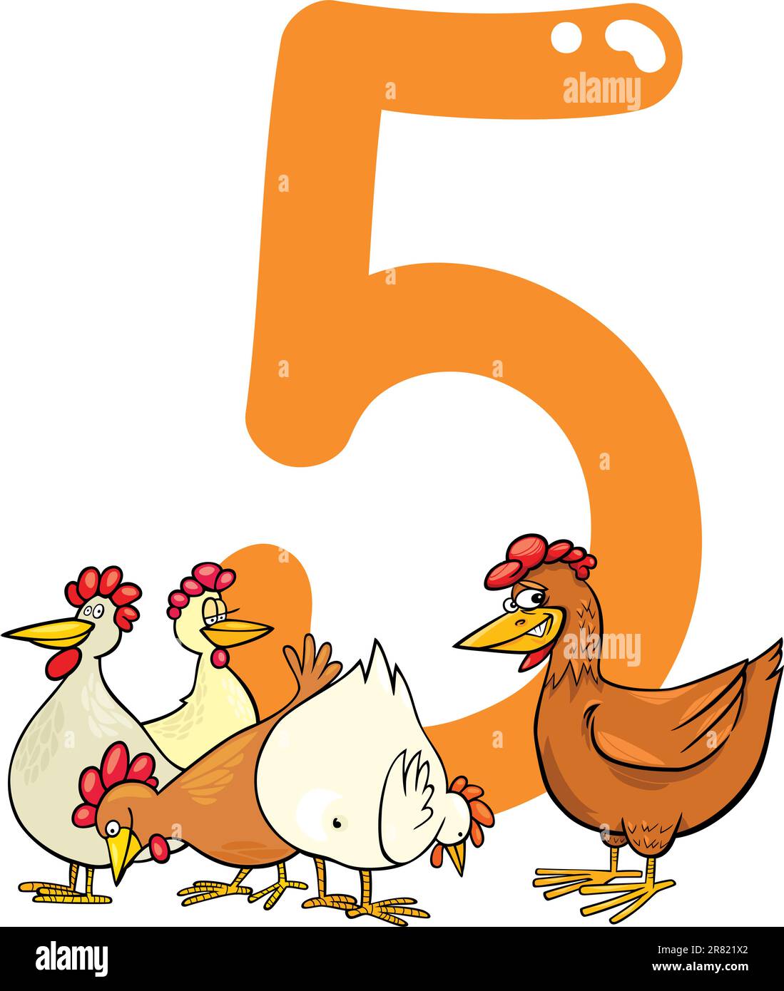 Cartoon-Illustration mit Nummer fünf und Hennen Stock Vektor