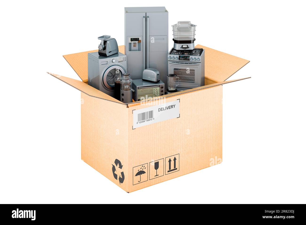 Küchen- und Haushaltsgeräte in Pappkarton, Lieferkonzept, 3D-Rendering auf weißem Hintergrund isoliert Stockfoto