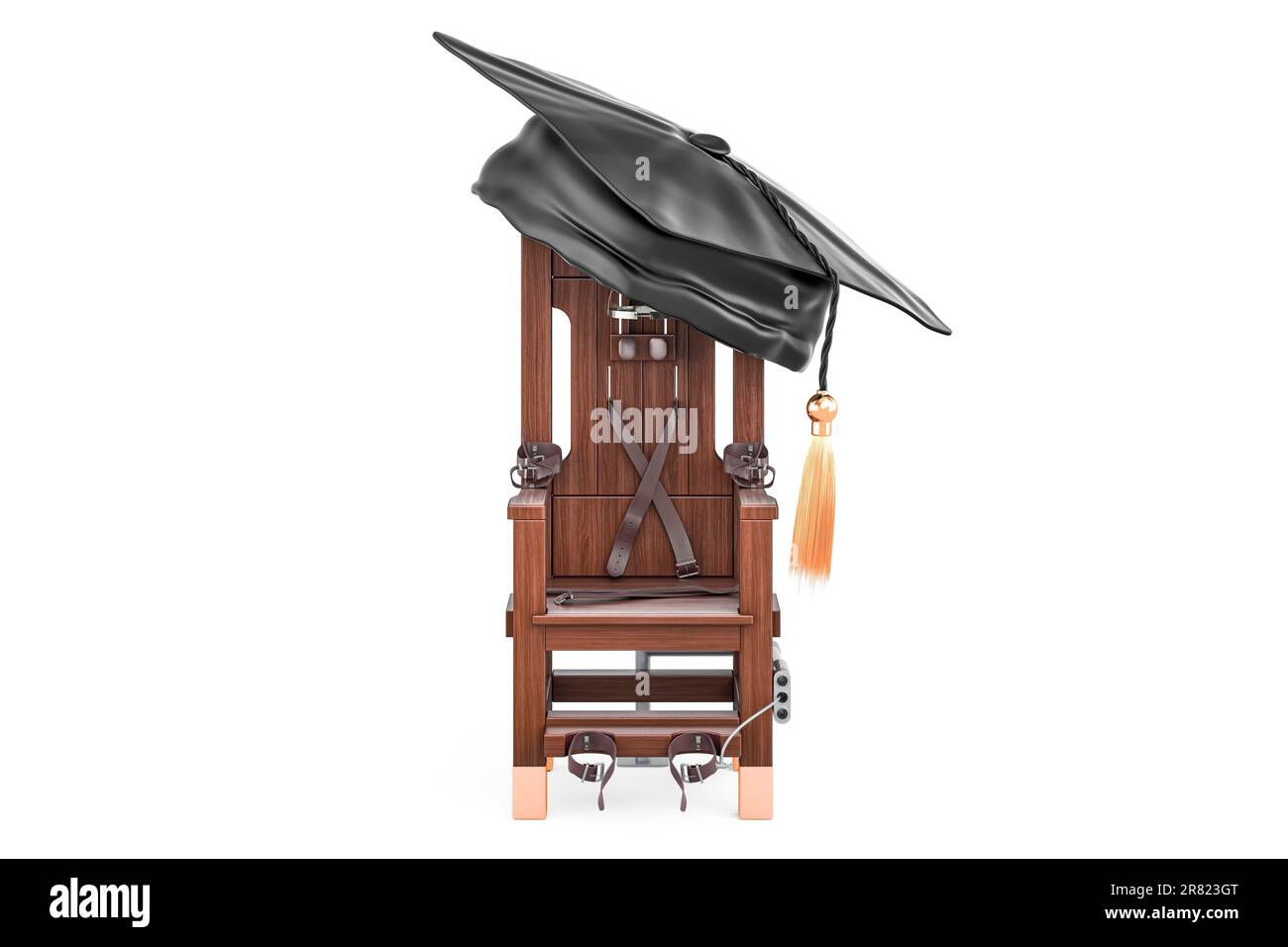 Elektrischer Stuhl mit Graduierungshut. 3D-Rendering auf weißem Hintergrund isoliert Stockfoto