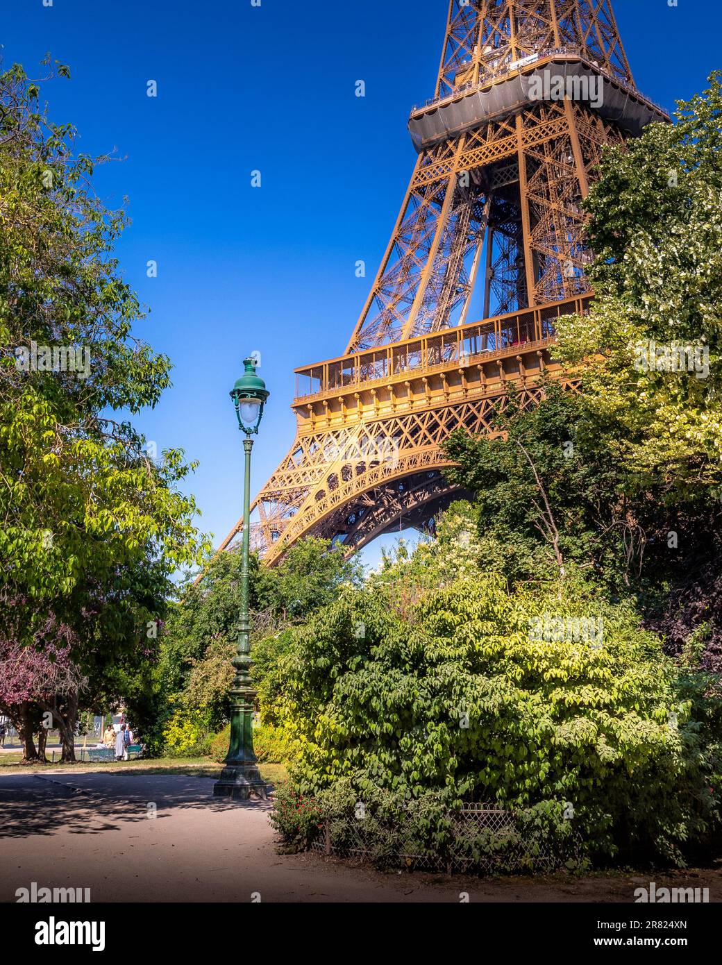 Paris, Frankreich - 5. Juni 2023: Eiffelturm vom Champ de Mars Park aus gesehen Stockfoto