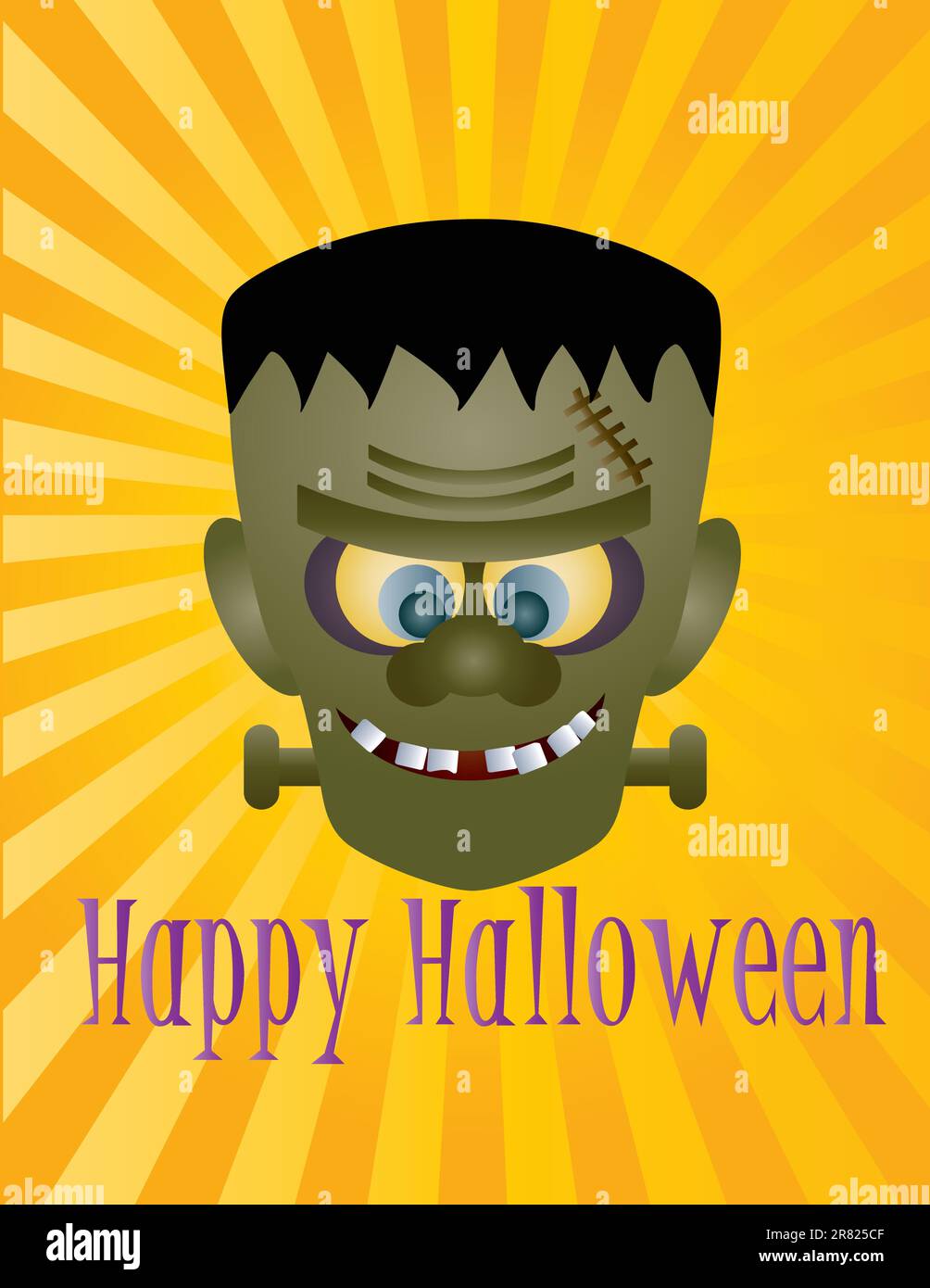 Happy Halloween Frankenstein-Monster mit Sonnenstrahlen und Text Illustration Stock Vektor