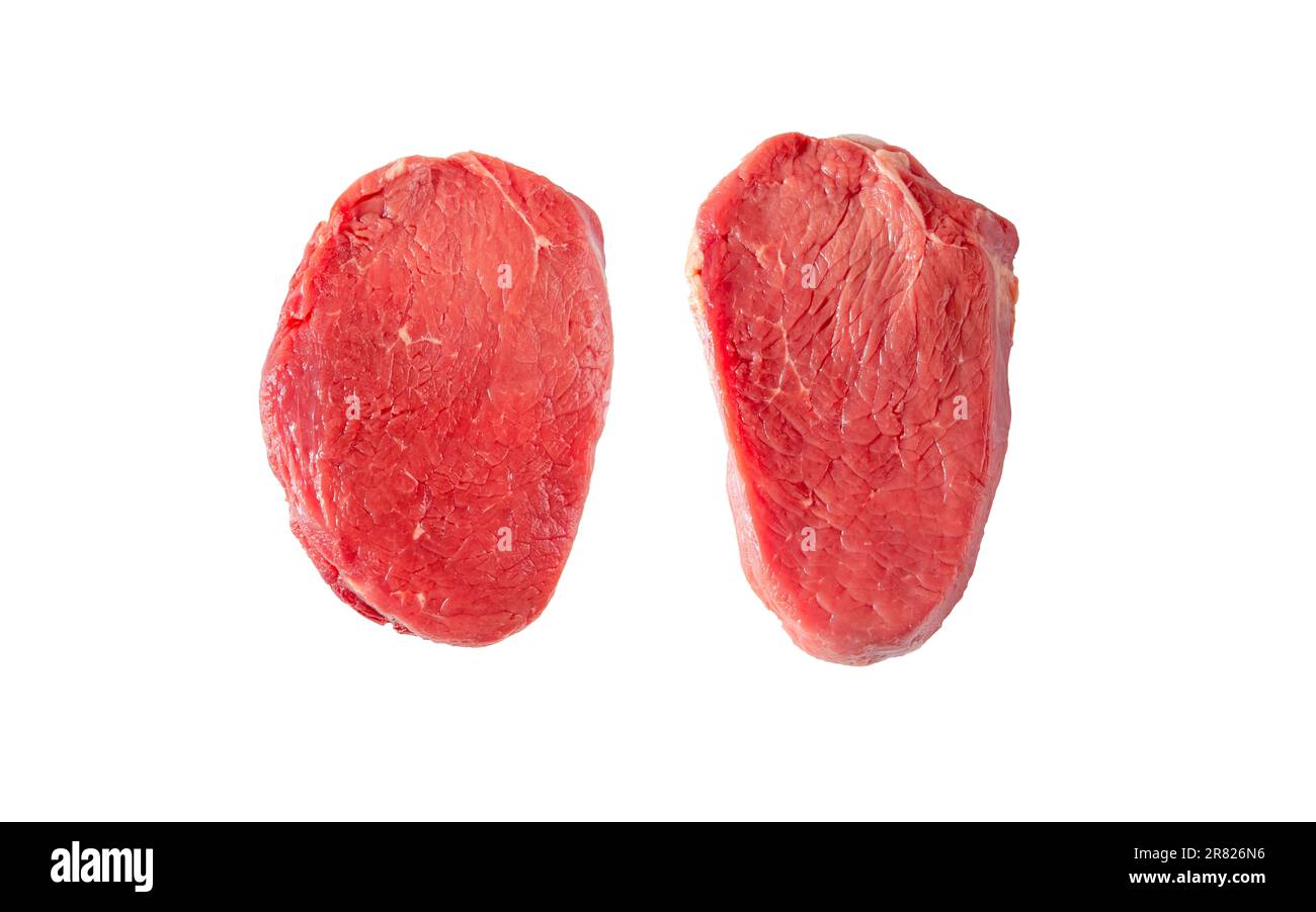 Rinderfilet oder Augenfilet oder Feilchen zartes Fleisch rohe Steaks, isoliert auf weiß. Vom Kotelettstrauß geschnitten. Stockfoto
