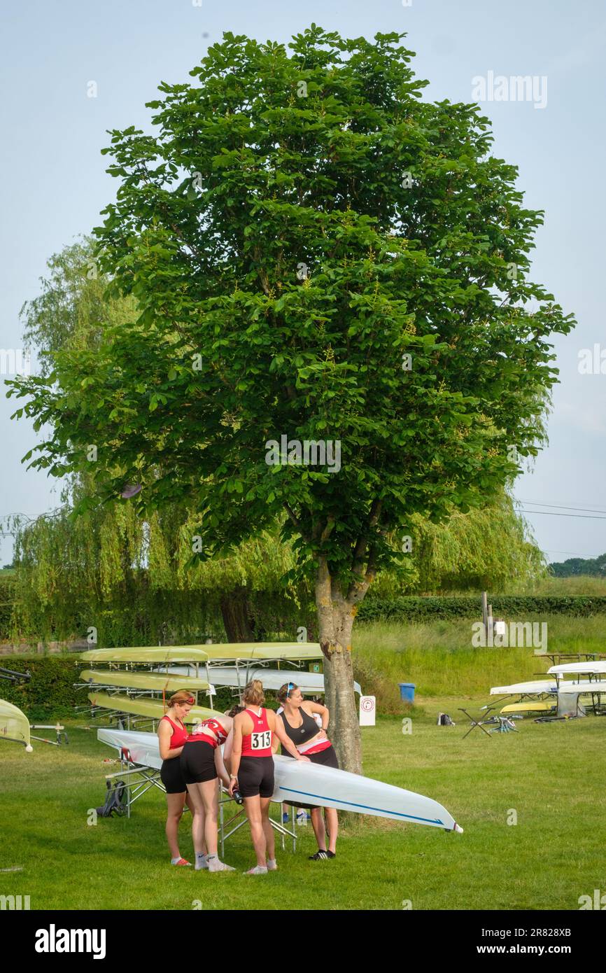 Die Wettkämpfer bereiten ihr Boot in Henley Women's Regatta 2023, Henley-on-Thames, vor Stockfoto